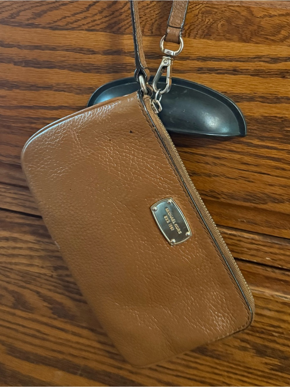 Michael Kors Brown Pebbled Leather Wristlet Clutch with Gold Plaque